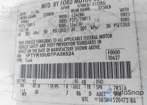 2007 Ford Ranger Sport/Stx/Xl/Xlt from USA, damaged, VIN 1FTYR10U07PA56524